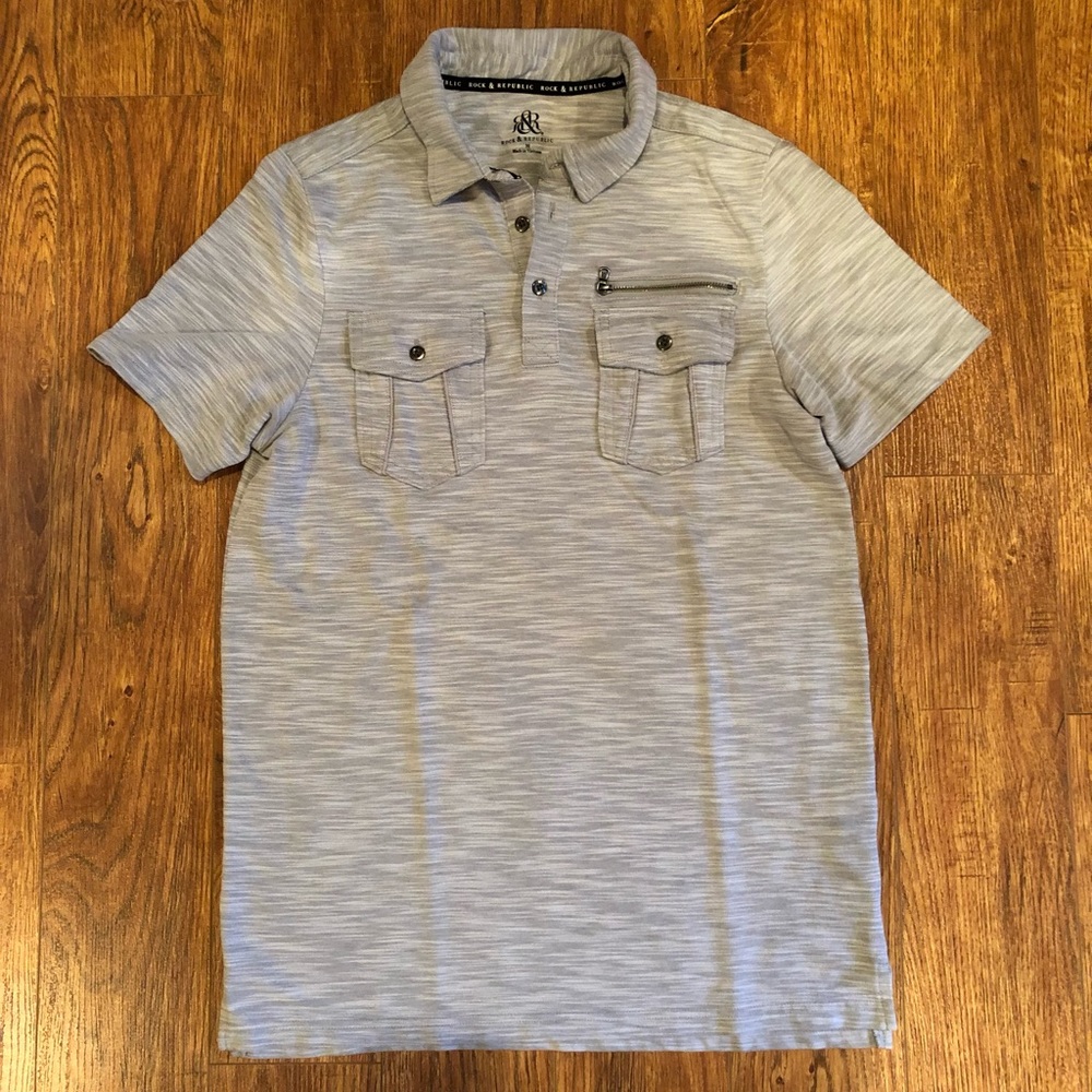 Men’s Rock & Republic Polo Shirt Size Medium, Gray and White Color Blend